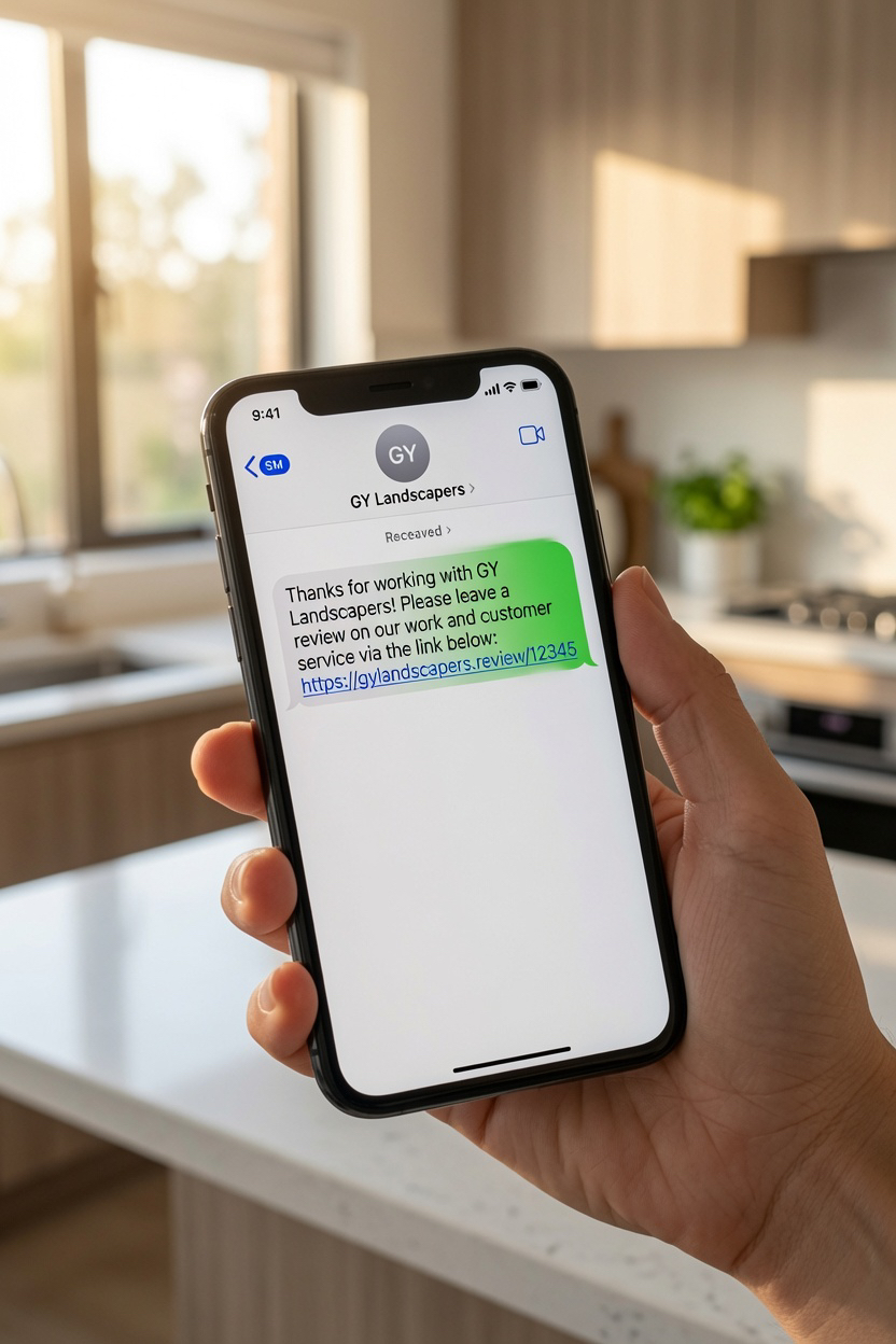 A customer receiving an automatic review-request text message shortly after a job